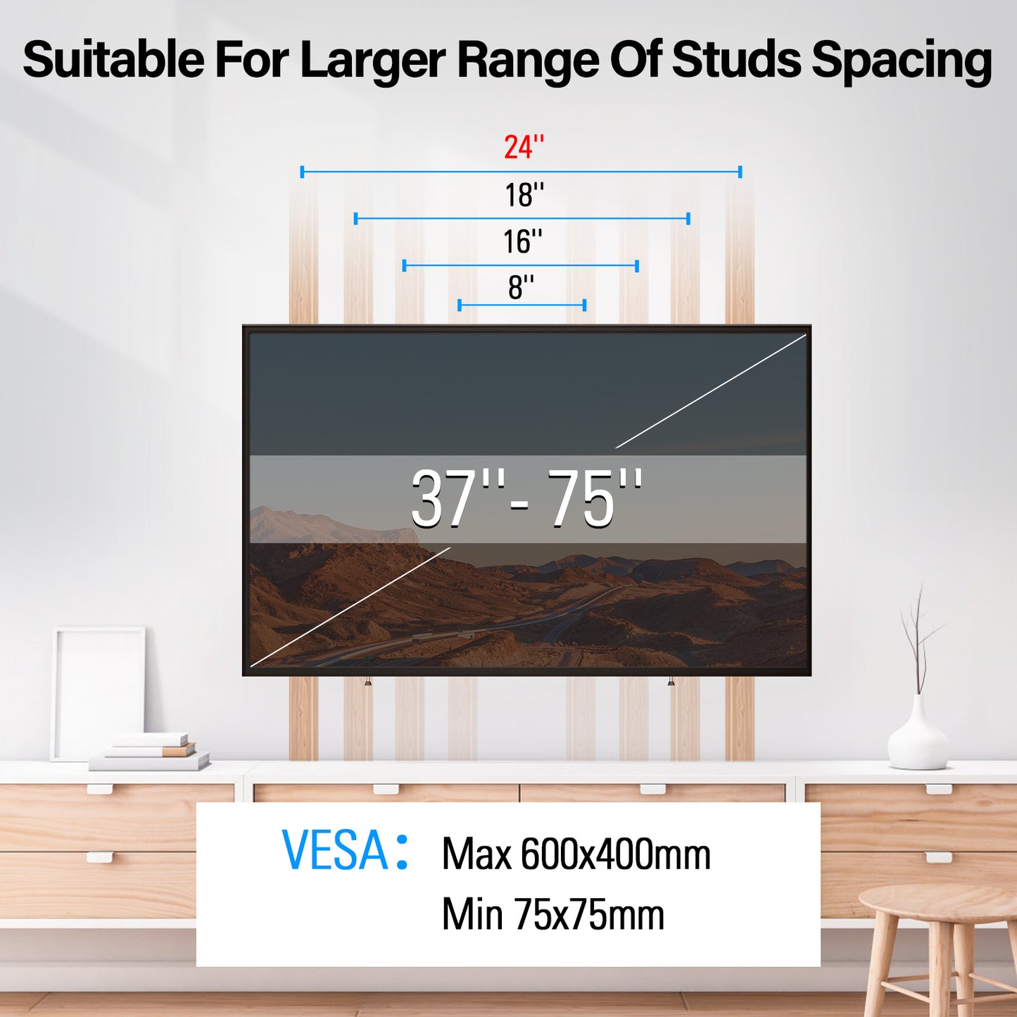 MOUNT PRO Tilting TV Wall Mount for TVs up to 75 Inch, 110 lbs, Max VESA 600x400mm, Low Profile TV Bracket Fits 24" Wood Stud