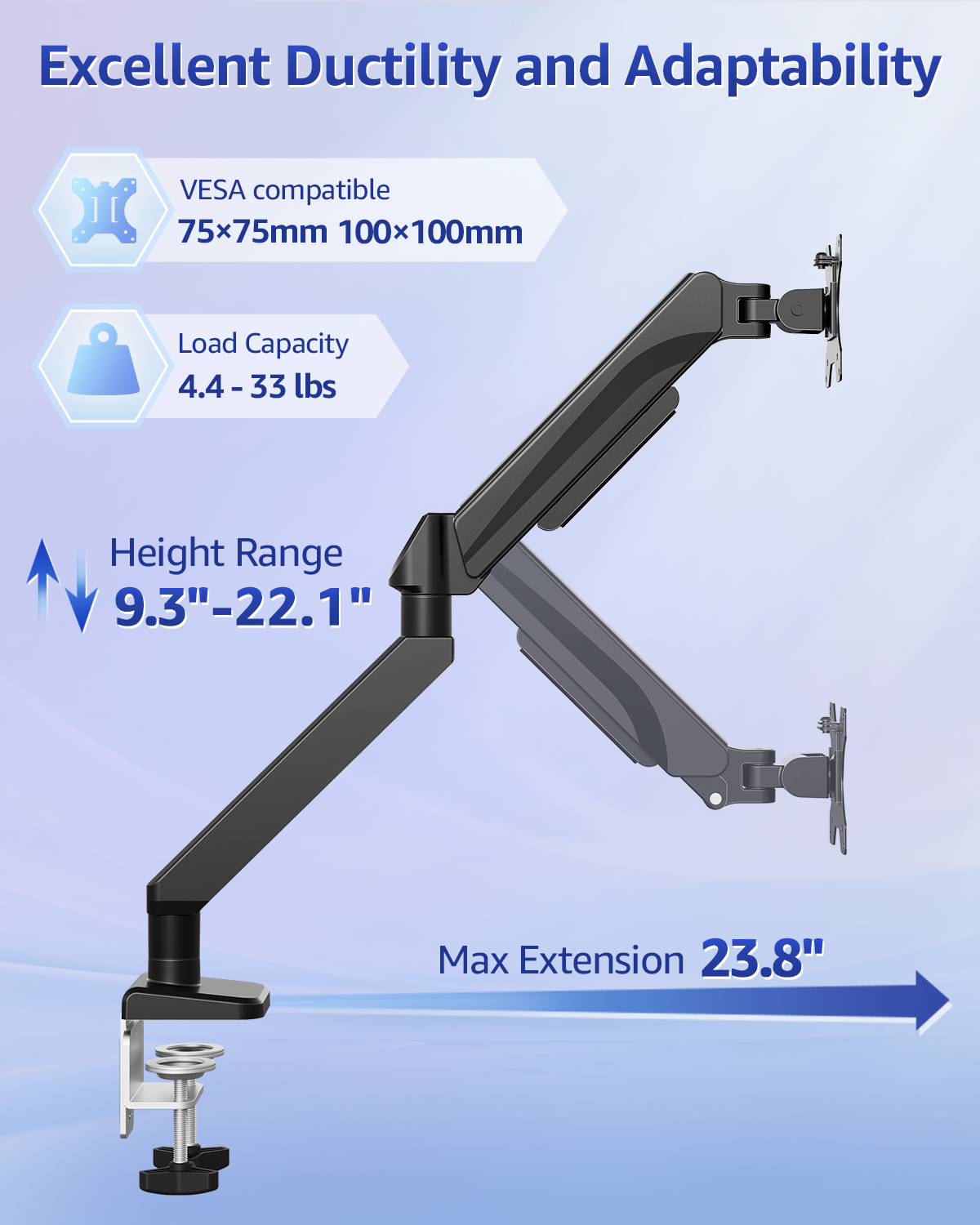 MOUNT PRO Monitor Arm Heavy Duty Gas Spring Monitor Mount for Ultrawide Monitors up to 42 Inch, VESA Mount Desk Monitor Stand Supports 4.4-33 lbs