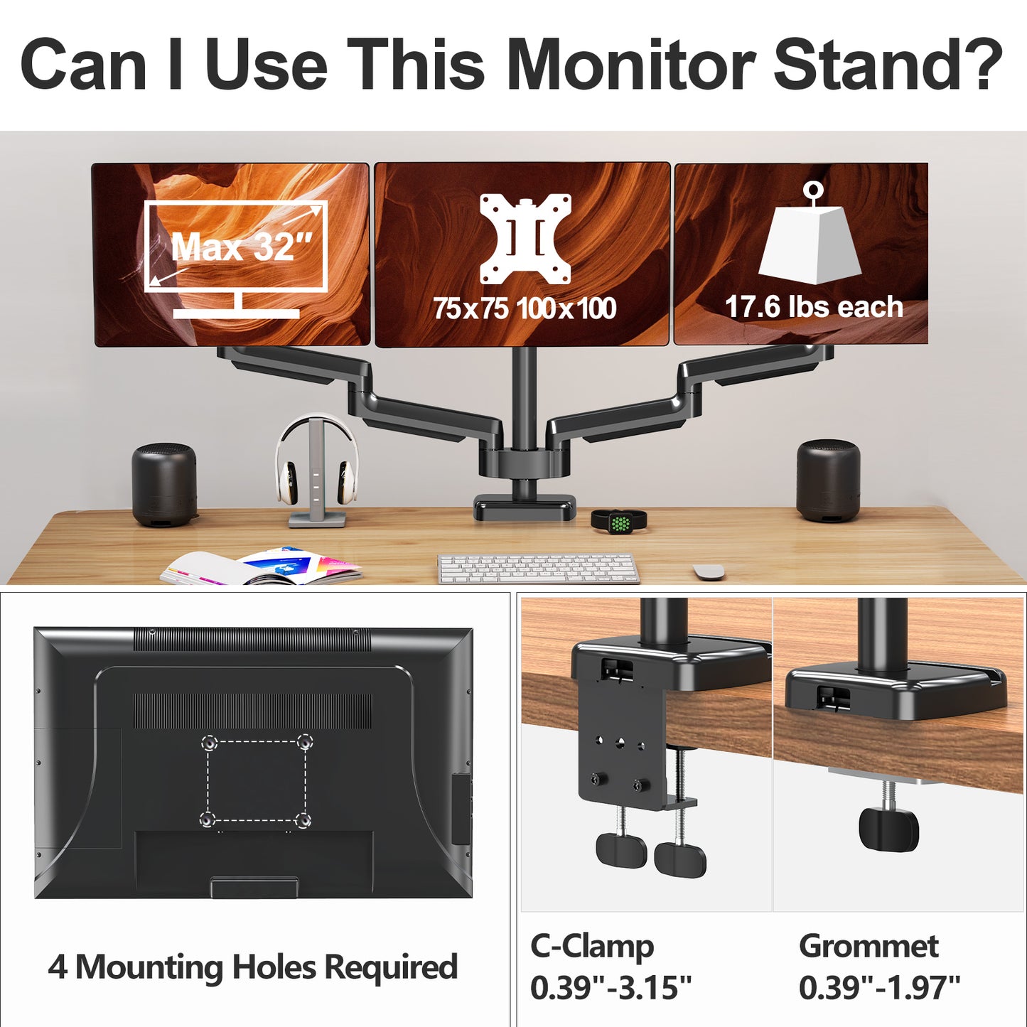 MOUNT PRO Gas Spring Arm Triple Desk Monitor Mount with Dual C-Clamp for 3 Screens up to 32 Inches, Supports 4.4-19.8 lb Display for Home Office & Gaming