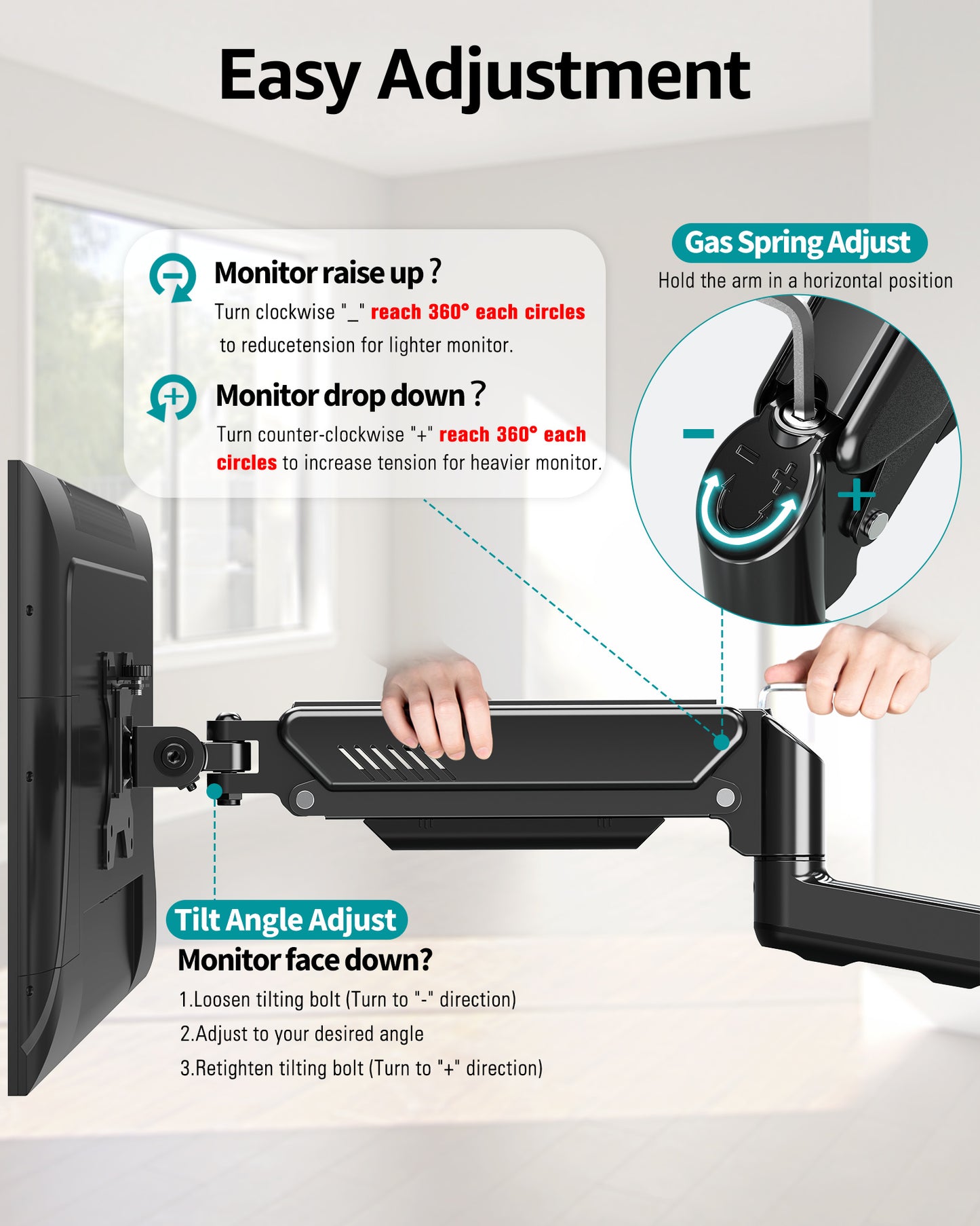 MOUNT PRO Monitor Wall Mount for Max 32" Screen, Gas Spring Height Adjustable Single Monitor Arm, Supports 4.4-19.8 lbs Screen for Home Office