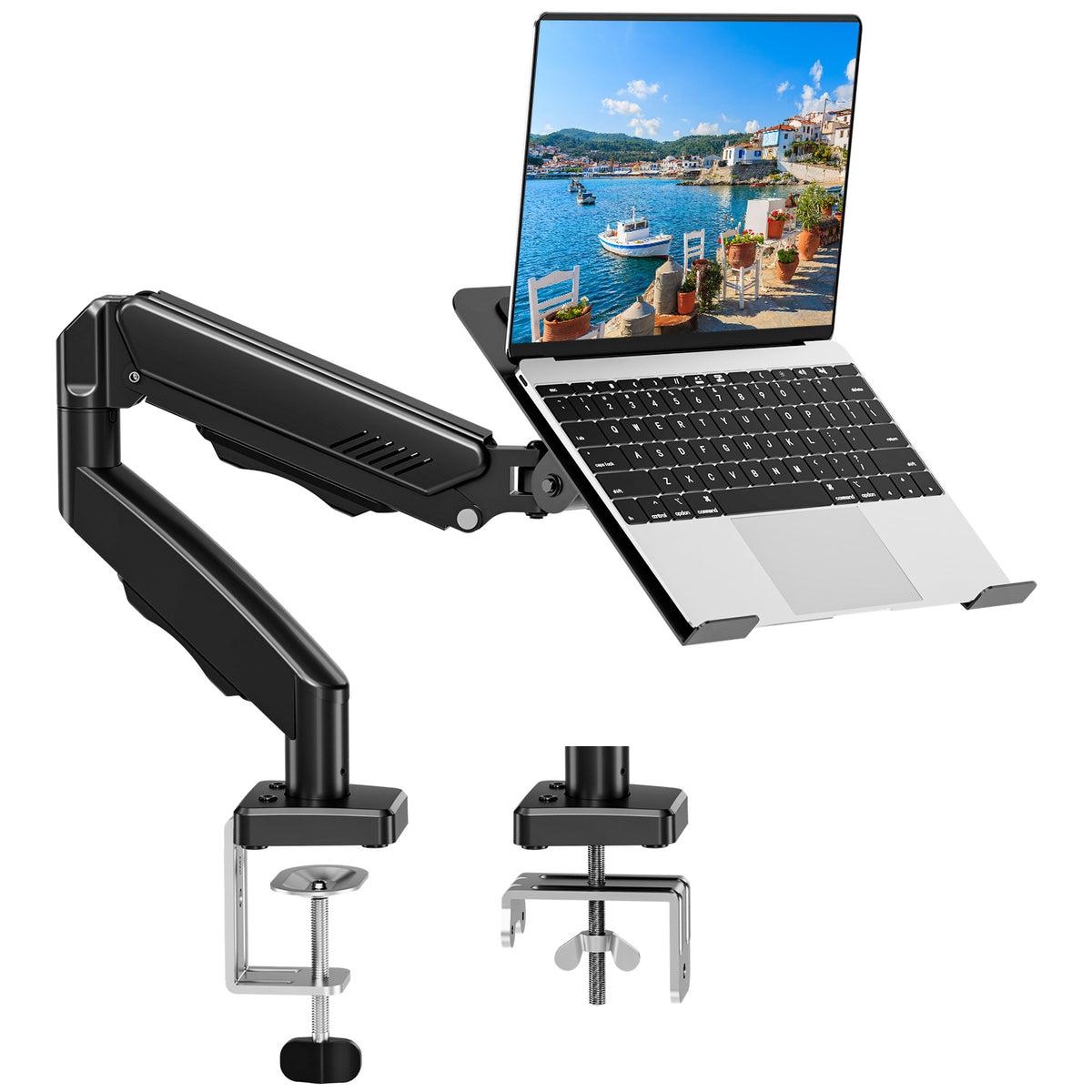 MOUNT PRO Laptop Desk Mount Stand Fits Max 17" Notebook and 32" Computer Screen, 2-in-1 Adjustable Monitor Arm with Laptop Holder, VESA 75x75 100x100, Holds up to 19.8lbs
