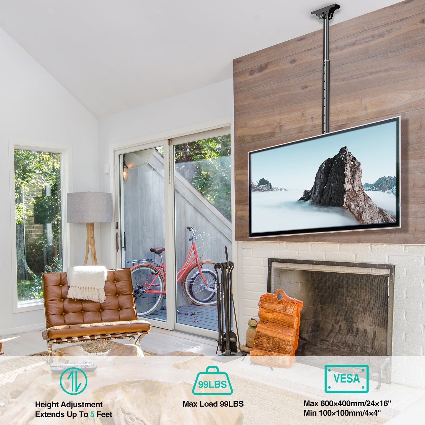 MOUNT PRO Ceiling TV Mount for Most 37-75 Inch TVs, 56.9" Height Adjustable Full Motion Ceiling Mount for Flat or Sloped Roof, Holds up to 99 lbs, Max VESA 600x400mm