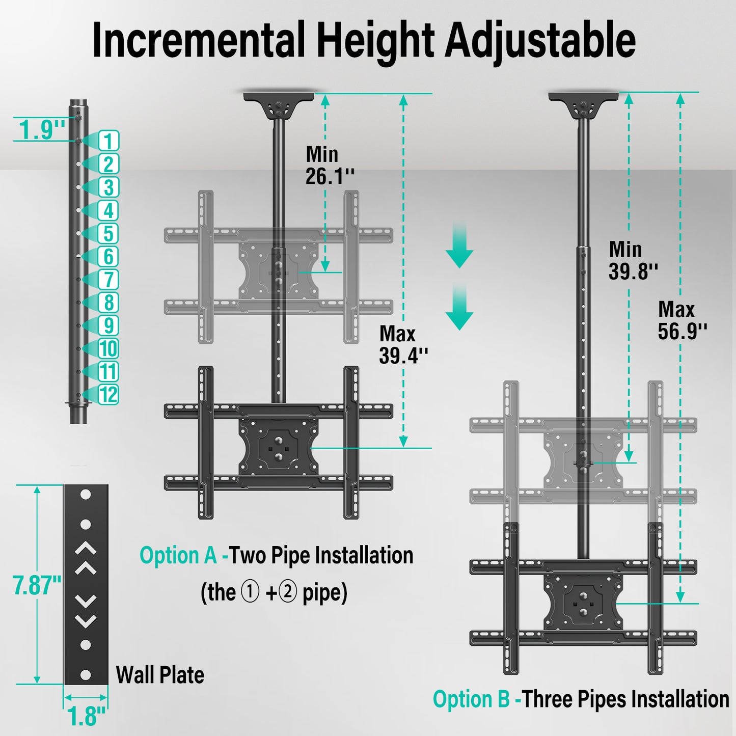 MOUNT PRO Ceiling TV Mount for Most 37-75 Inch TVs, 56.9" Height Adjustable Full Motion Ceiling Mount for Flat or Sloped Roof, Holds up to 99 lbs, Max VESA 600x400mm