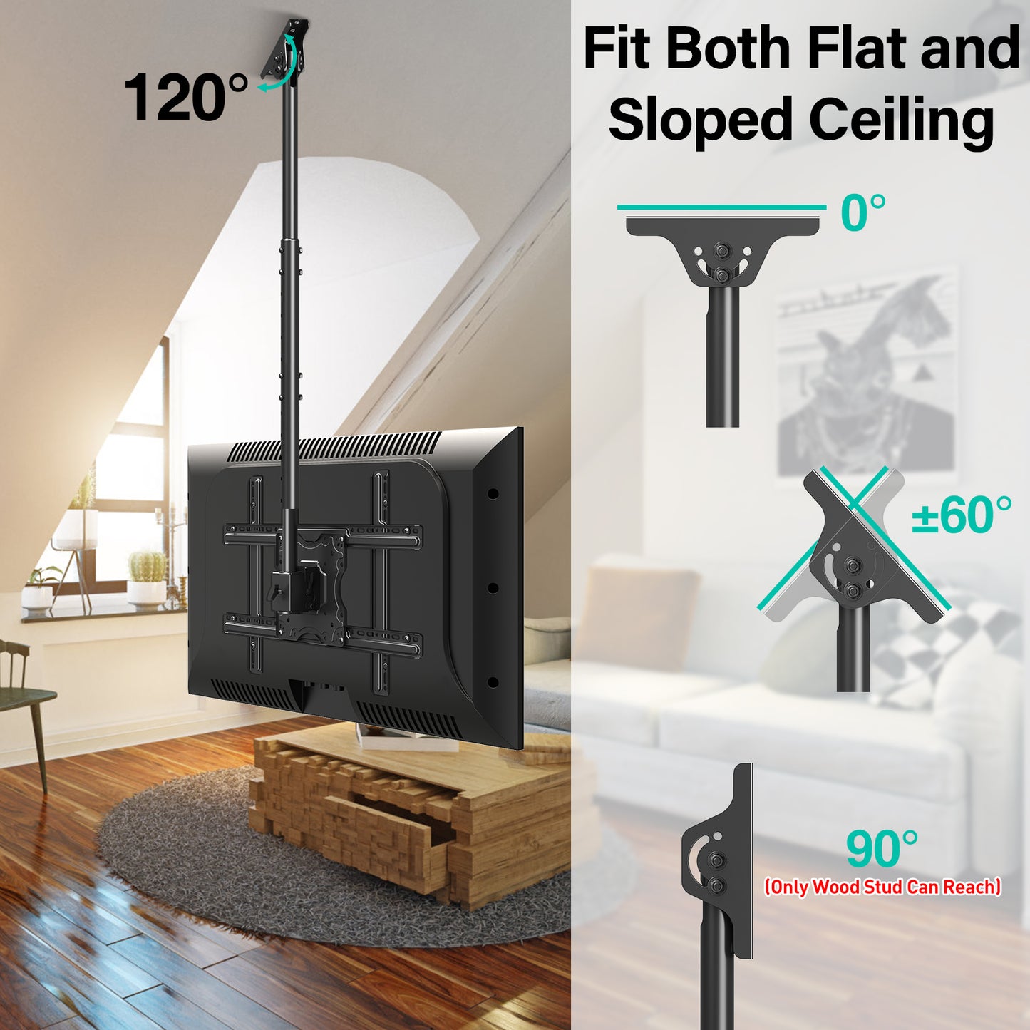 MOUNT PRO Ceiling TV Mount for Most 37-75 Inch TVs, 56.9" Height Adjustable Full Motion Ceiling Mount for Flat or Sloped Roof, Holds up to 99 lbs, Max VESA 600x400mm