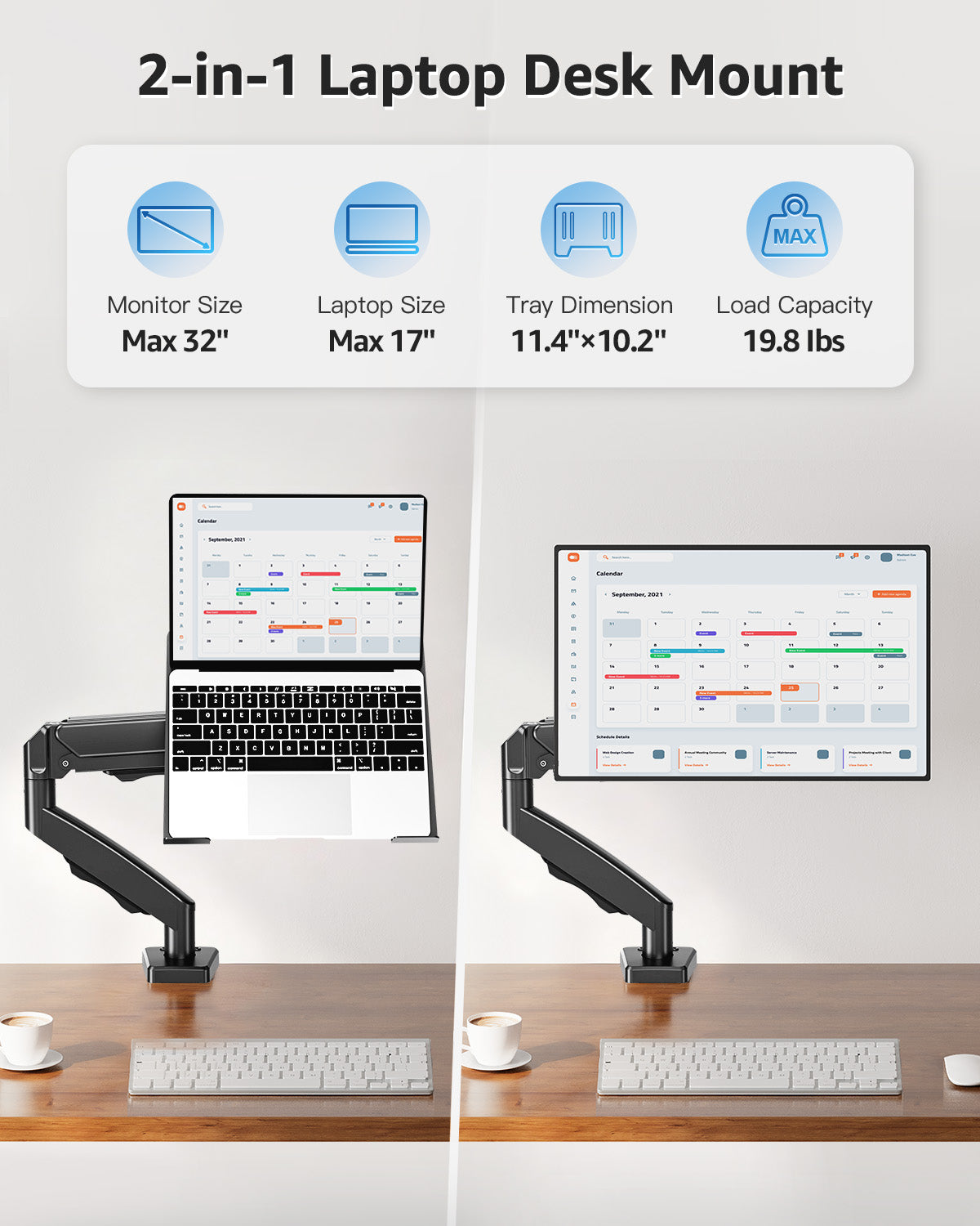 MOUNT PRO Laptop Desk Mount Stand Fits Max 17" Notebook and 32" Computer Screen, 2-in-1 Adjustable Monitor Arm with Laptop Holder, VESA 75x75 100x100, Holds up to 19.8lbs