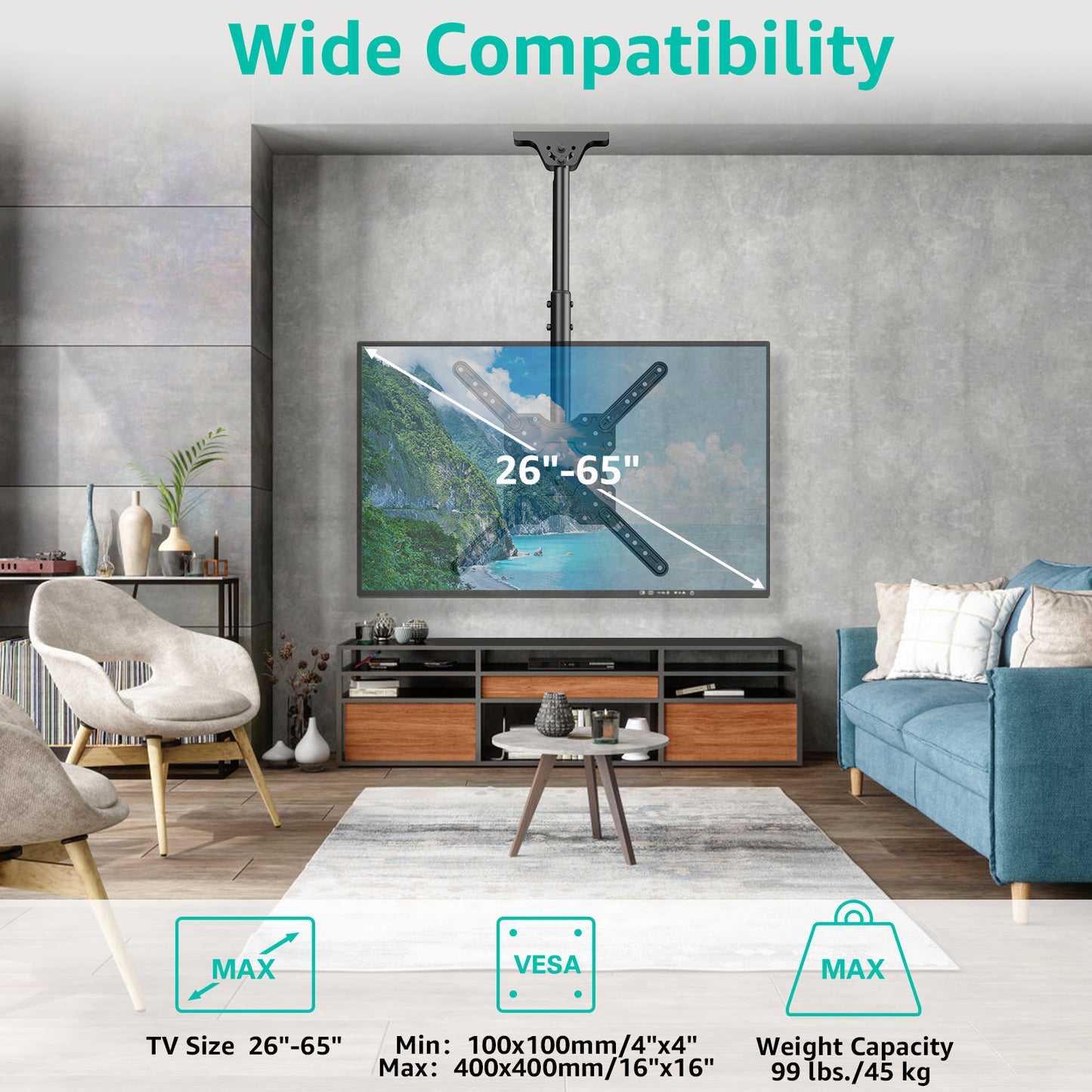MOUNT PRO Ceiling TV Mount for Most 26-65 inch TVs, 8 Height Adjustable Settings Full Motion Swivel and Tilt Hanging TV Wall Mount Bracket, Max VESA 400x400mm, Holds up to 99 lbs