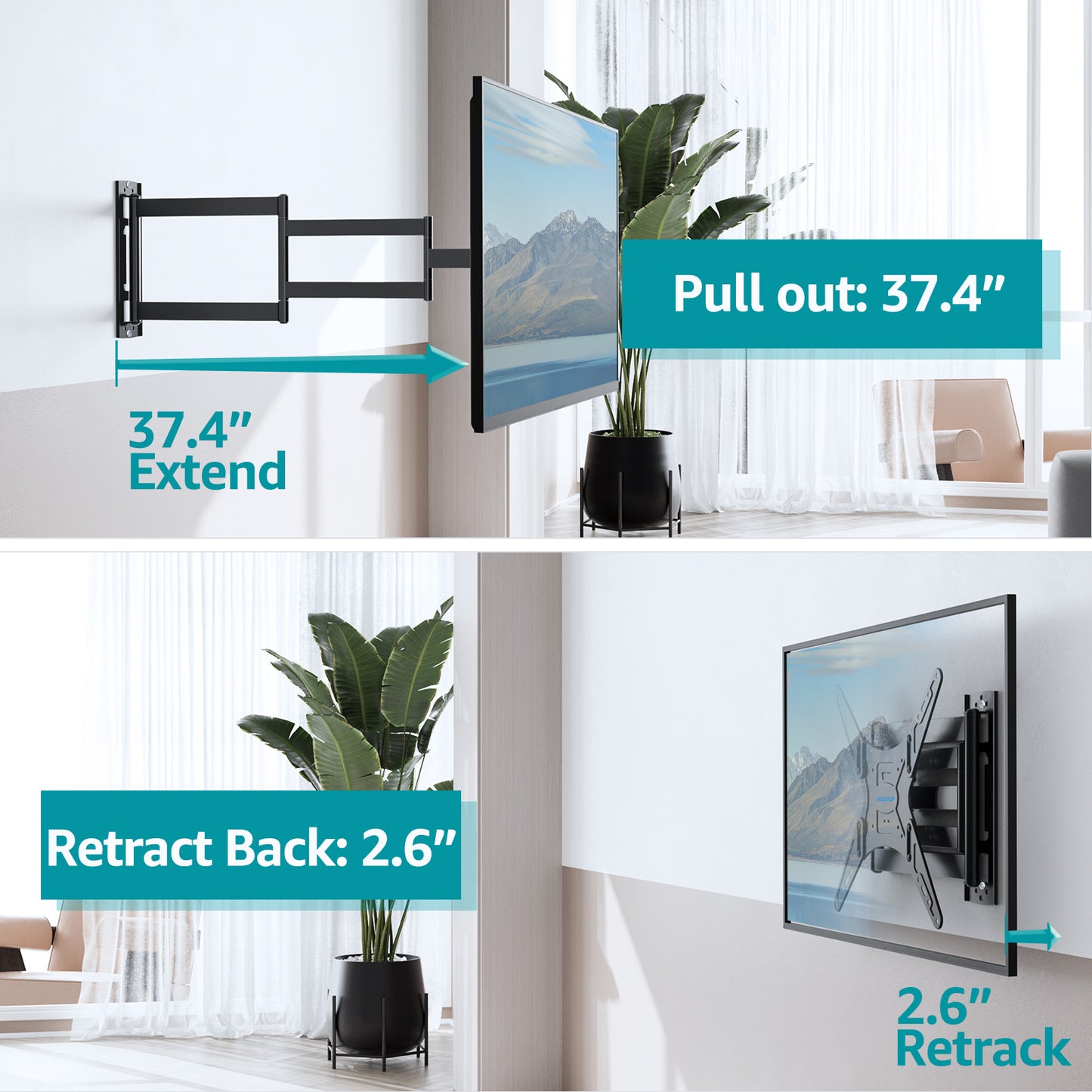 MOUNT PRO Full Motion Long Arm TV Wall Mount for Most 26-65 inch TVs, Max VESA 400x400mm and 77 lbs, with 37.4 inch Swivel Extension Arm, For Single Stud