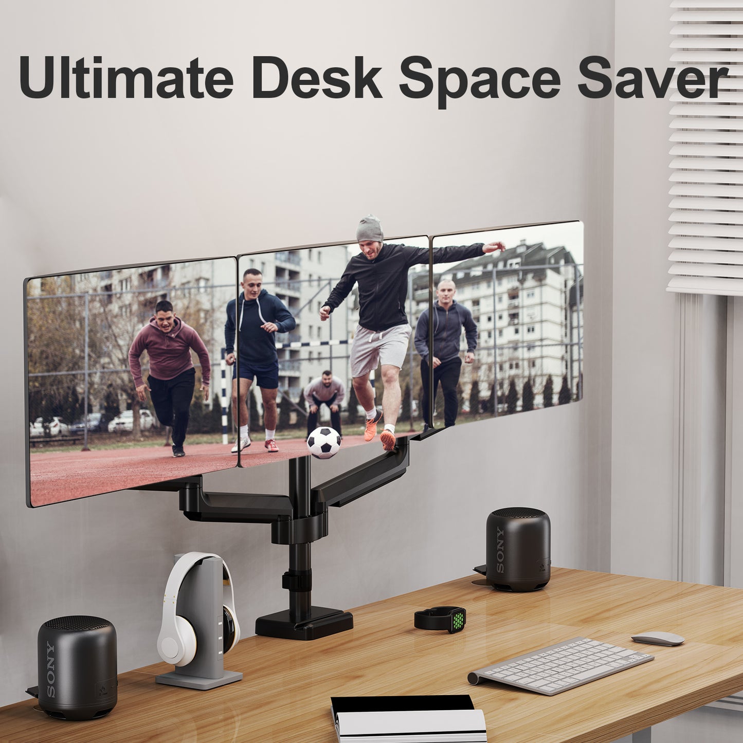 MOUNT PRO Gas Spring Arm Triple Desk Monitor Mount with Dual C-Clamp for 3 Screens up to 32 Inches, Supports 4.4-19.8 lb Display for Home Office & Gaming