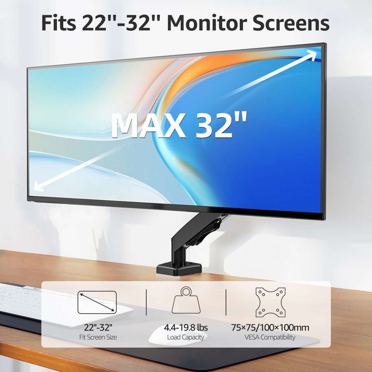 MOUNT PRO Monitor Arm for 22-32 inch Screens, Monitor Desk Mount, Adjustable Height, VESA Mount with Clamp & Grommet Bases, Holds to 19.8 lbs