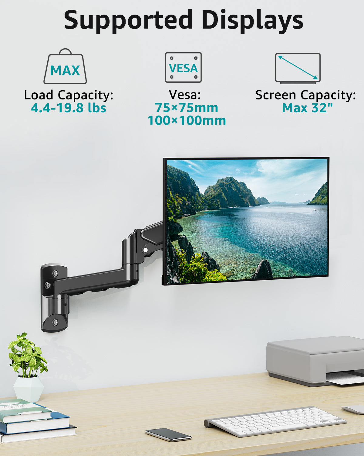 MOUNT PRO Monitor Wall Mount for Max 32" Screen, Gas Spring Height Adjustable Single Monitor Arm, Supports 4.4-19.8 lbs Screen for Home Office