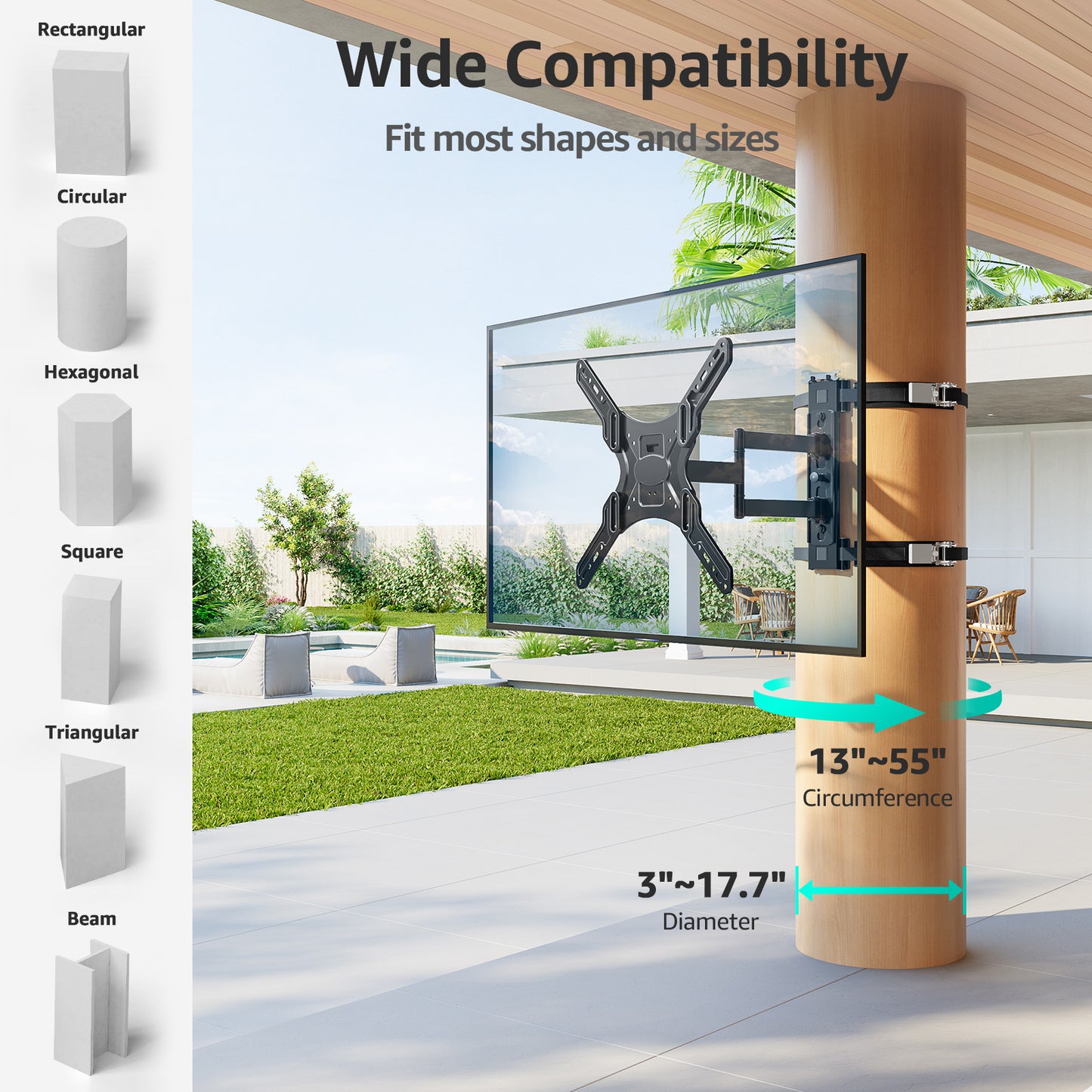 MOUNT PRO No-Drill TV Mount for Gazebo & Pillars - Full Motion Swivel & Tilt for 26-60 Inch TVs, Secure Strap-On Column Mount Fits Round/Square Posts, Holds 77 lbs, VESA 400x400