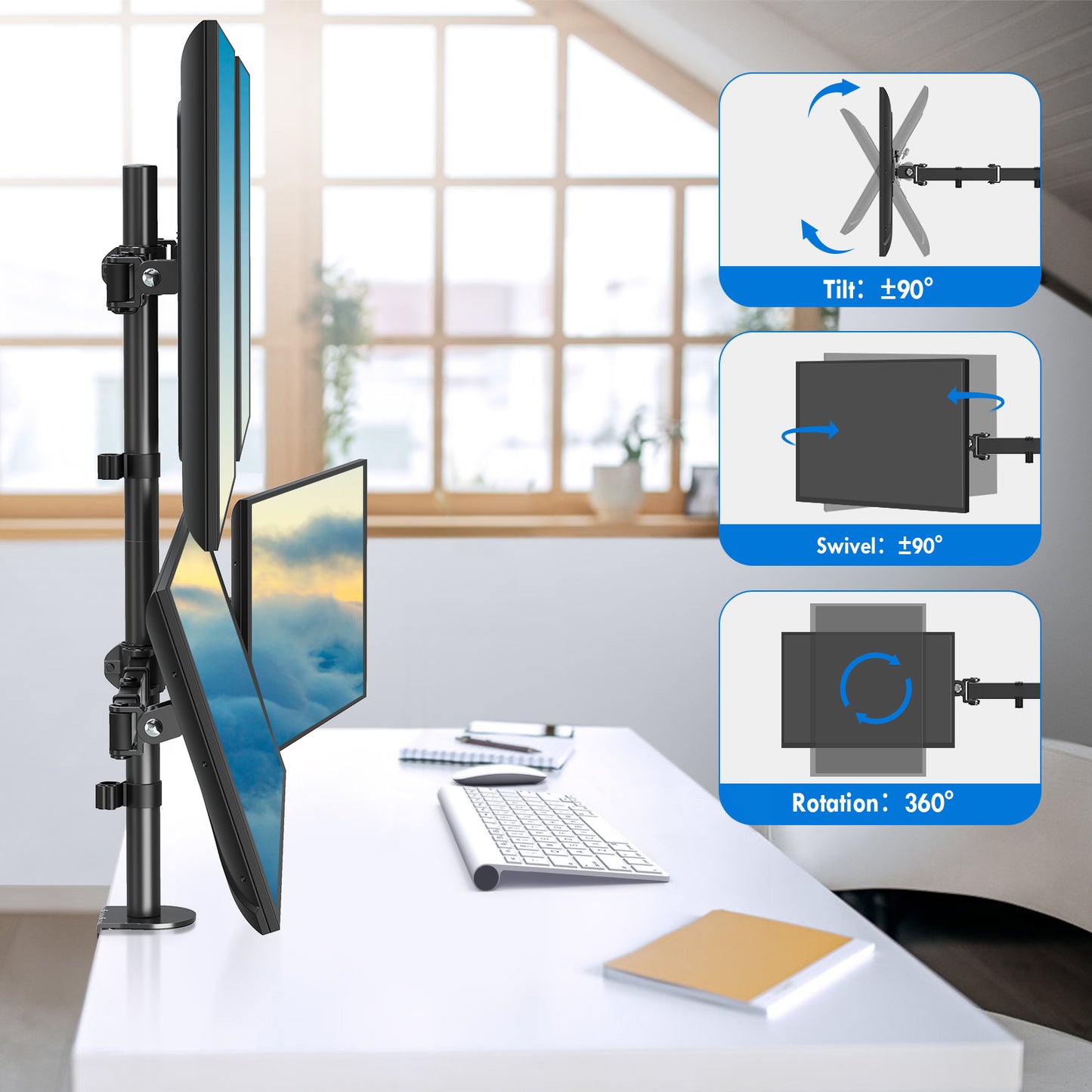 MOUNT PRO Quad Monitor Stand, 4 Monitor Mount for 13 to 32 inch Computer Screens, Hold up to 17.6lbs Each, Fully Adjustable Stacked 4 Desk Arm, VESA Mount, C clamp/Grommet Base