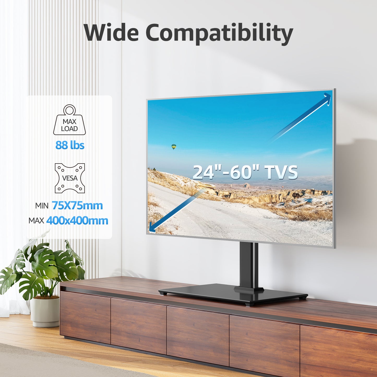 MOUNT PRO Universal Tabletop TV Stand for 24-60 inch TVs Flat Screens, Desktop TV Base with 5 Level Height Adjustable Tempered Glass Base Holds up to 88 lbs