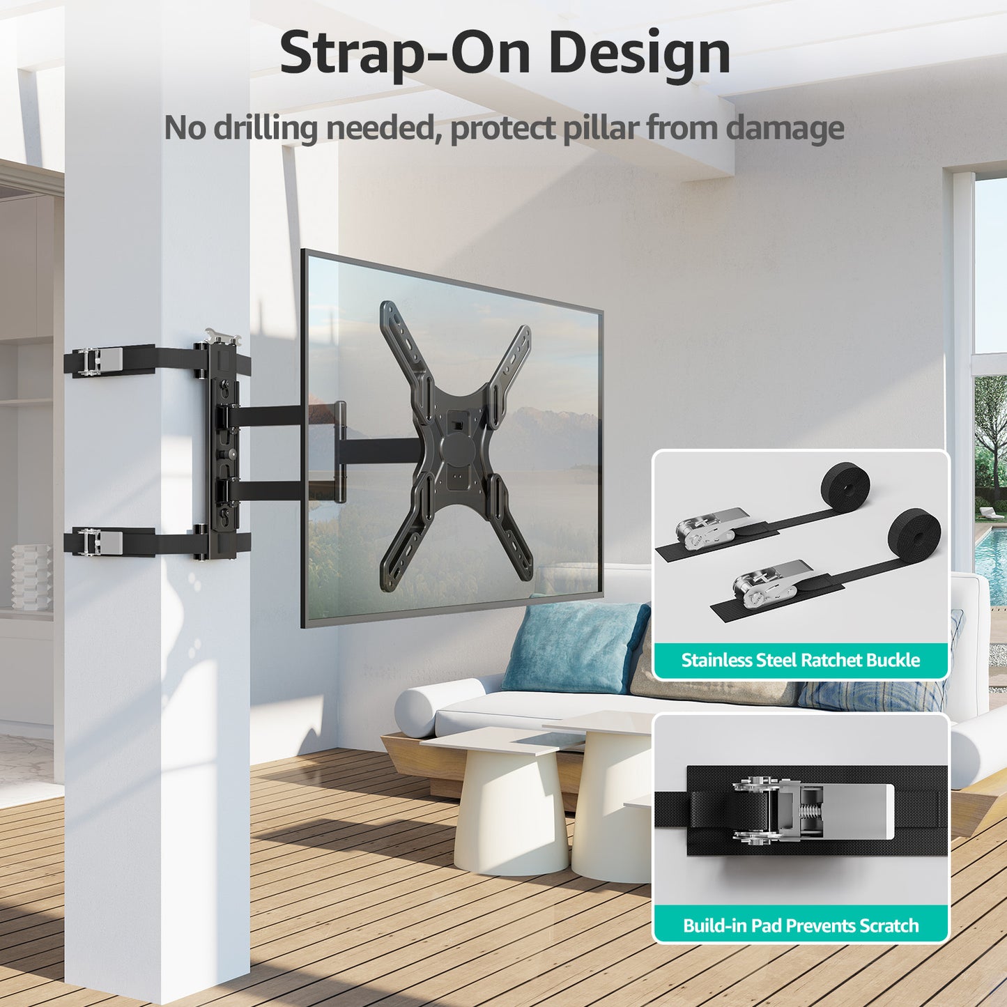 MOUNT PRO No-Drill TV Mount for Gazebo & Pillars - Full Motion Swivel & Tilt for 26-60 Inch TVs, Secure Strap-On Column Mount Fits Round/Square Posts, Holds 77 lbs, VESA 400x400