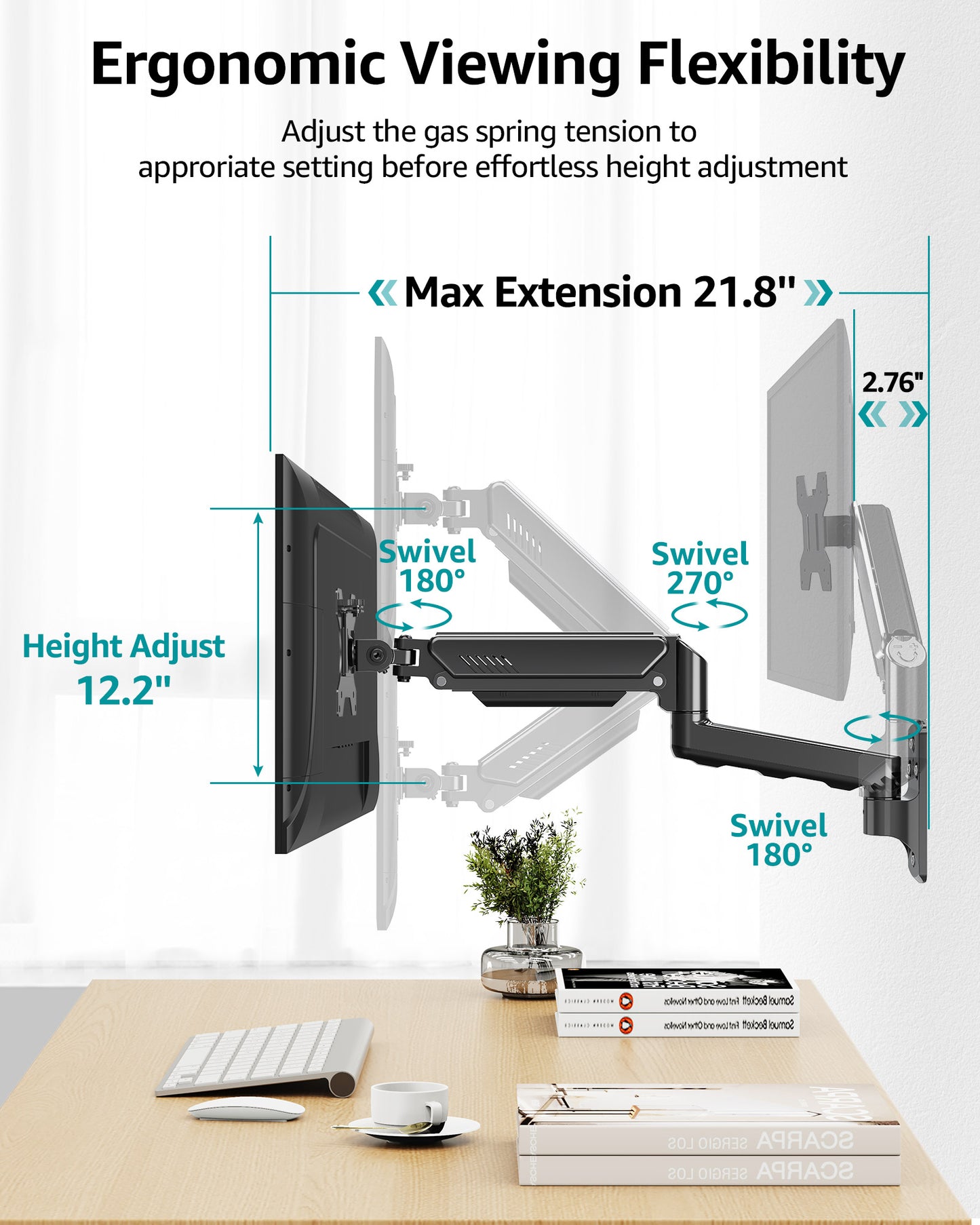 MOUNT PRO Monitor Wall Mount for Max 32" Screen, Gas Spring Height Adjustable Single Monitor Arm, Supports 4.4-19.8 lbs Screen for Home Office