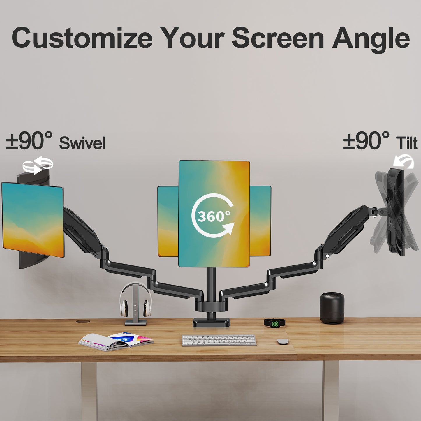MOUNT PRO Gas Spring Arm Triple Desk Monitor Mount with Dual C-Clamp for 3 Screens up to 32 Inches, Supports 4.4-19.8 lb Display for Home Office & Gaming