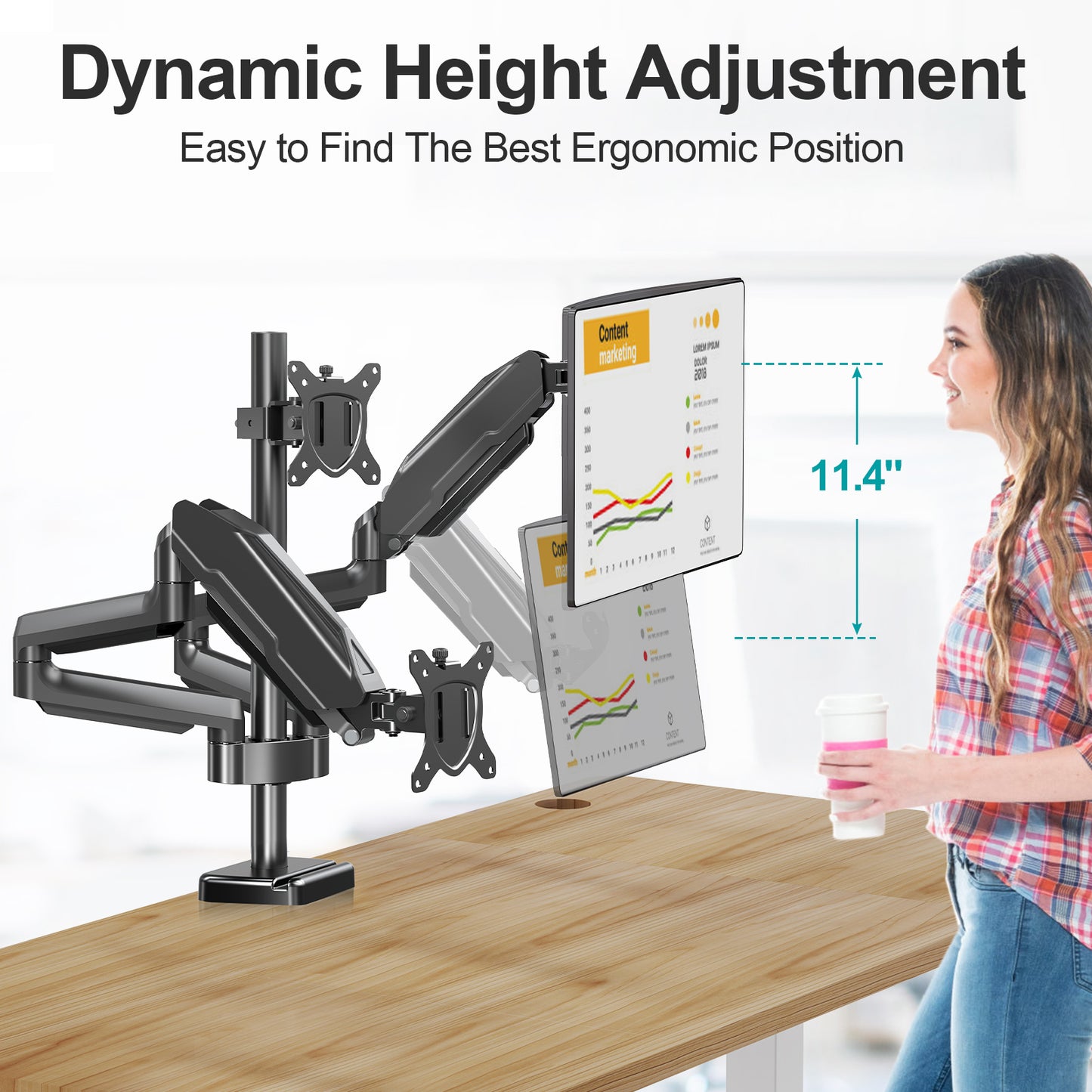 MOUNT PRO Gas Spring Arm Triple Desk Monitor Mount with Dual C-Clamp for 3 Screens up to 32 Inches, Supports 4.4-19.8 lb Display for Home Office & Gaming