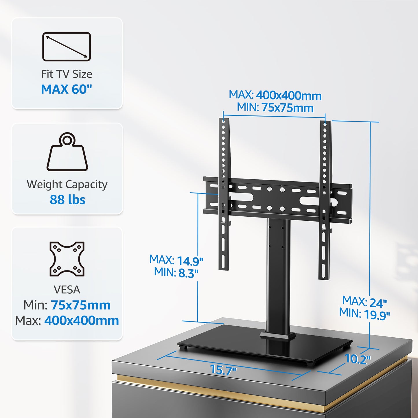 MOUNT PRO Universal Tabletop TV Stand for 24-60 inch TVs Flat Screens, Desktop TV Base with 5 Level Height Adjustable Tempered Glass Base Holds up to 88 lbs