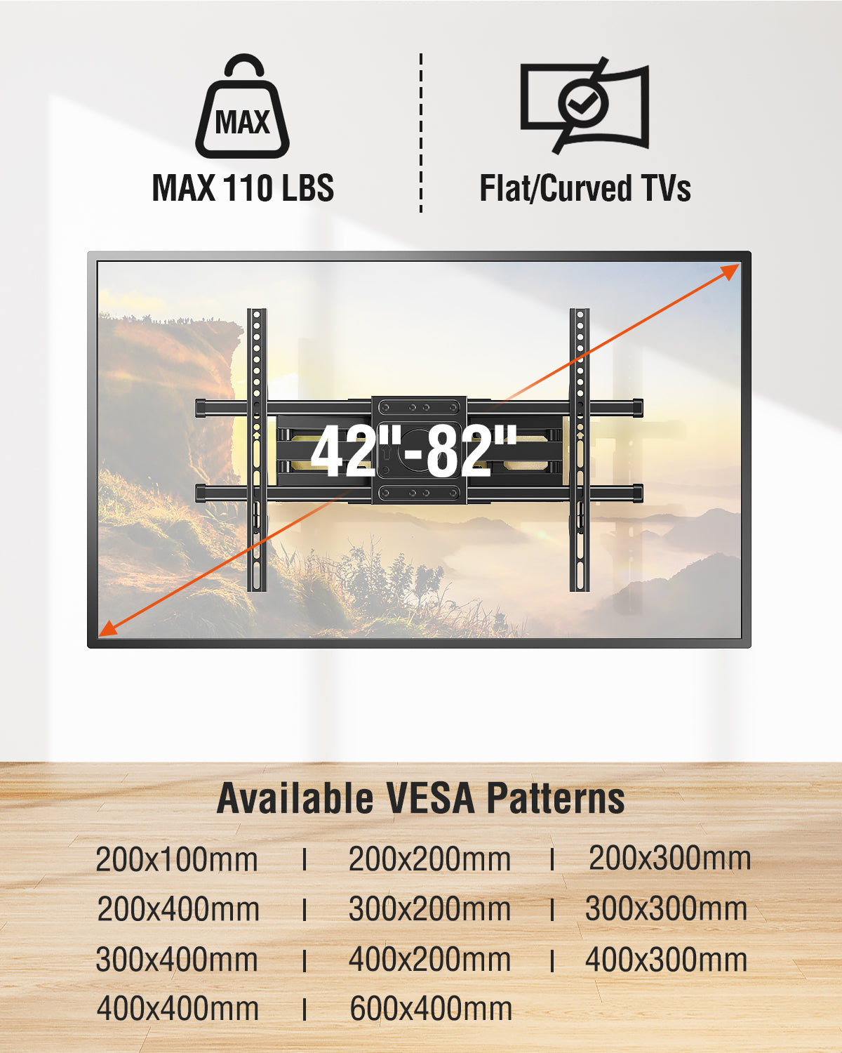 MOUNT PRO Full Motion TV Wall Mount for Most 42-82 inch TVs, Wall Mount Bracket with Articulating Swivel and Tilt, Max VESA 600x400mm, Holds up to 110lb