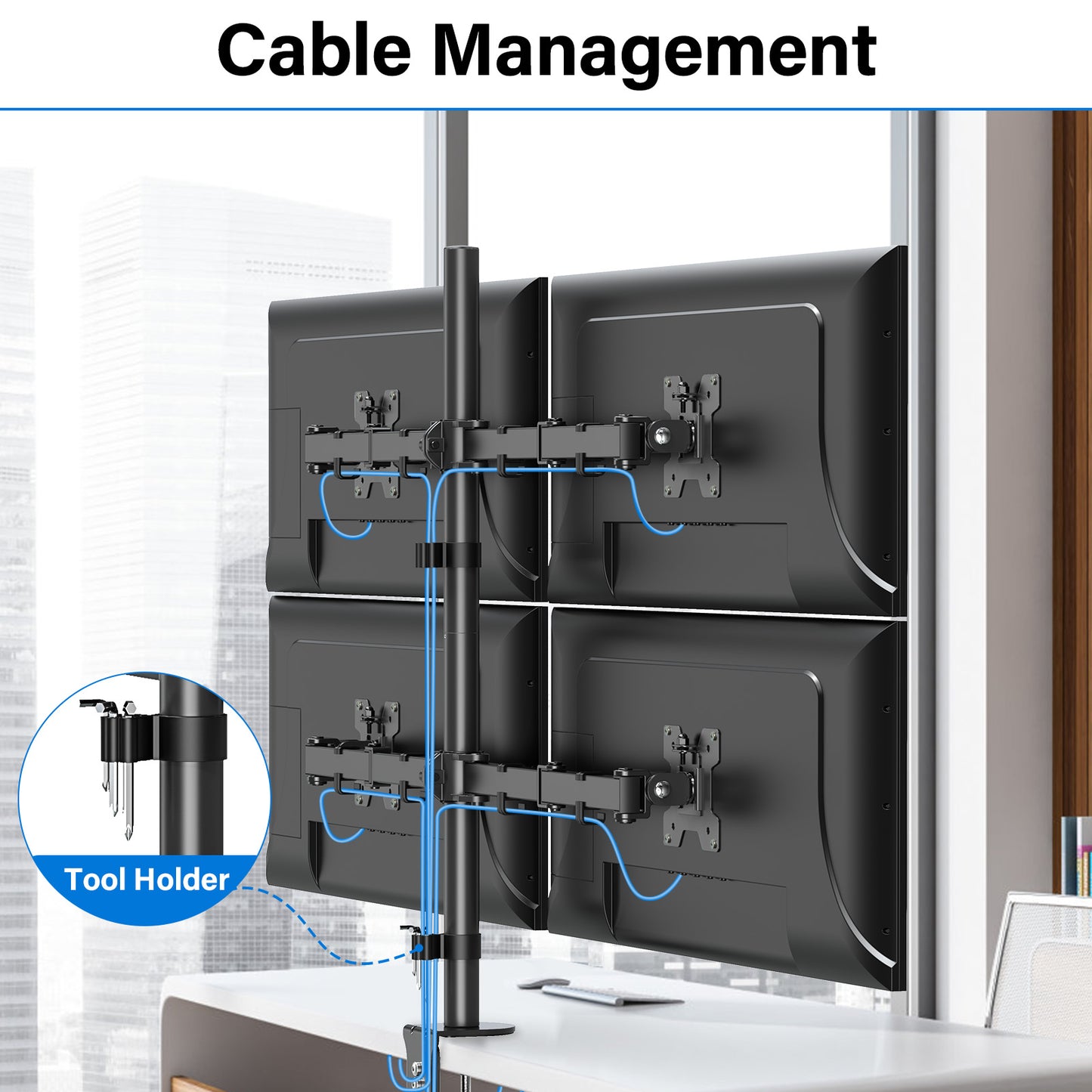 MOUNT PRO Quad Monitor Stand, 4 Monitor Mount for 13 to 32 inch Computer Screens, Hold up to 17.6lbs Each, Fully Adjustable Stacked 4 Desk Arm, VESA Mount, C clamp/Grommet Base