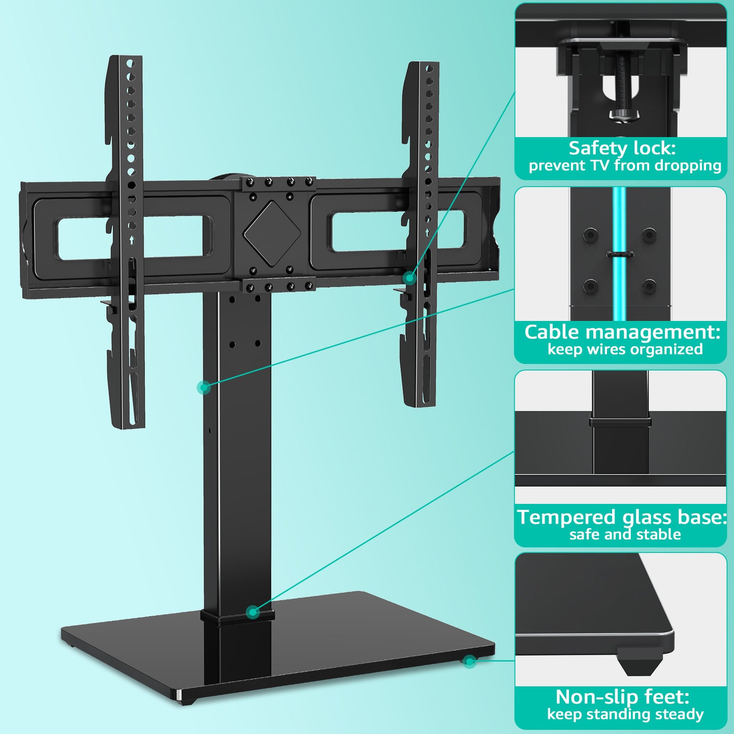 MOUNT PRO Universal Table Top TV Stand for 37-75" TVs Flat Screen with 9 Height Adjustable, Desktop TV Base with Tempered Glass Base, Max 600x400mm, Holds up to 88 lbs