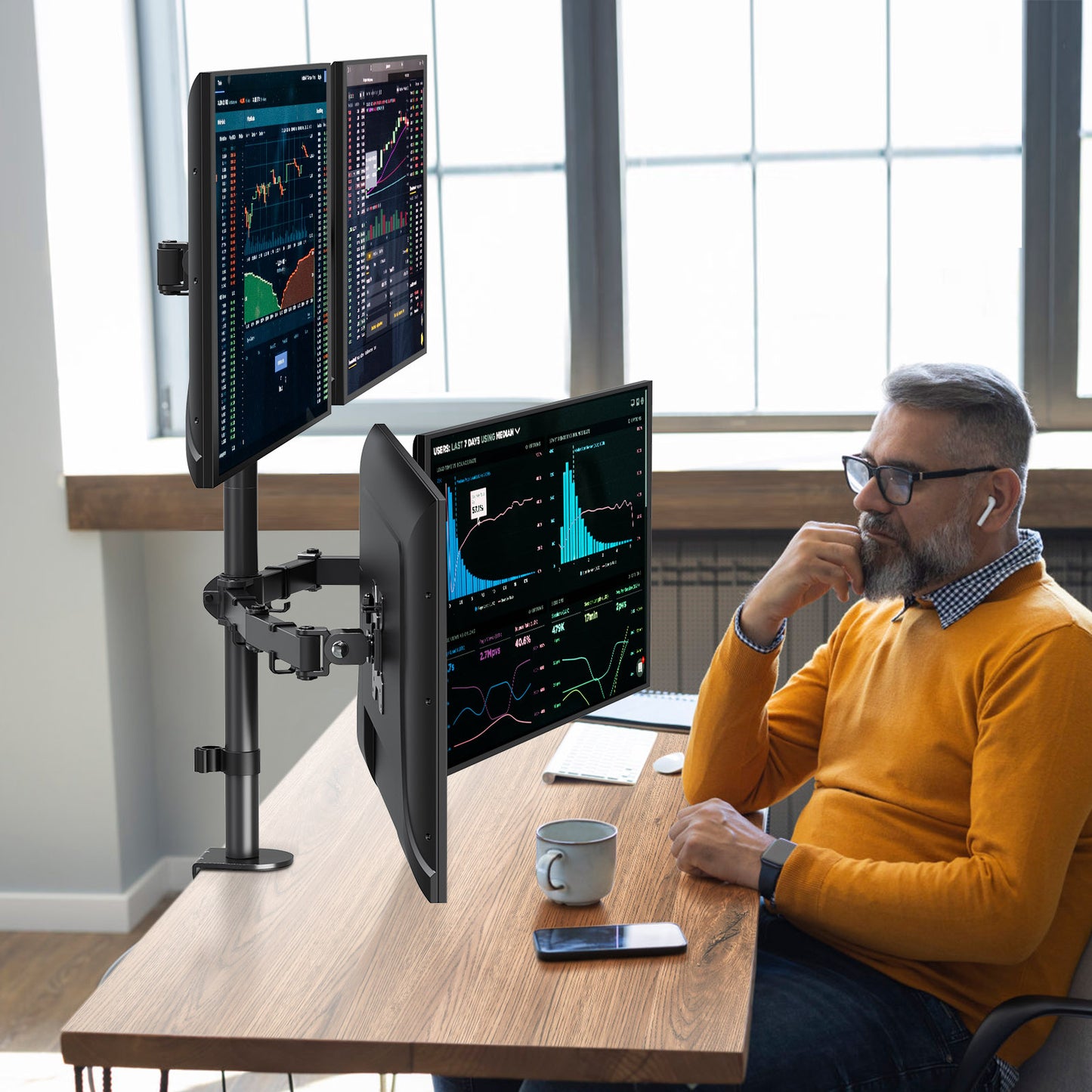 MOUNT PRO Quad Monitor Stand, 4 Monitor Mount for 13 to 32 inch Computer Screens, Hold up to 17.6lbs Each, Fully Adjustable Stacked 4 Desk Arm, VESA Mount, C clamp/Grommet Base