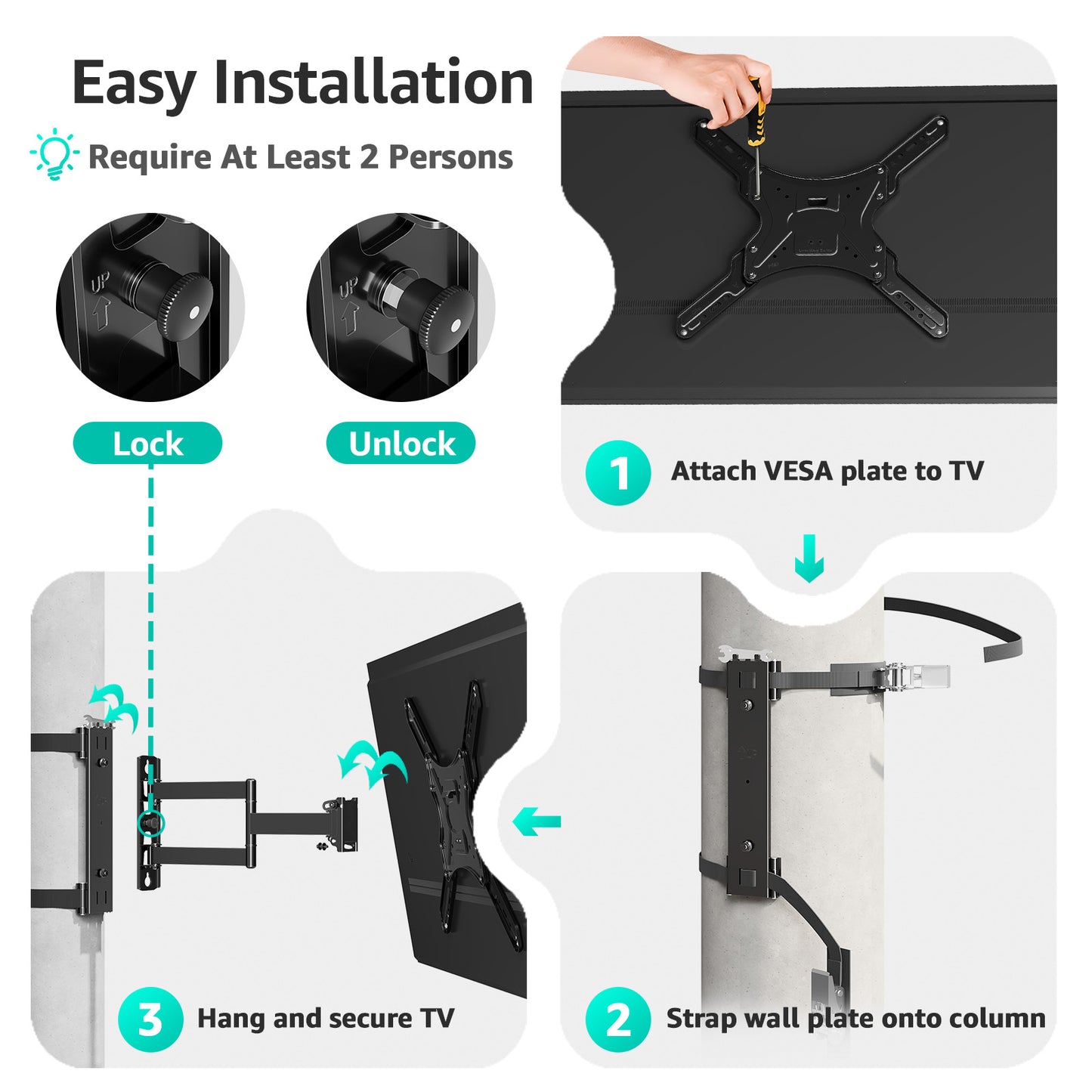 MOUNT PRO No-Drill TV Mount for Gazebo & Pillars - Full Motion Swivel & Tilt for 26-60 Inch TVs, Secure Strap-On Column Mount Fits Round/Square Posts, Holds 77 lbs, VESA 400x400